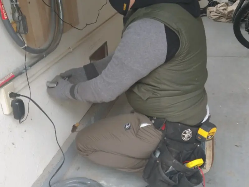 Electrician performing outlet wiring in a St. Martin garage